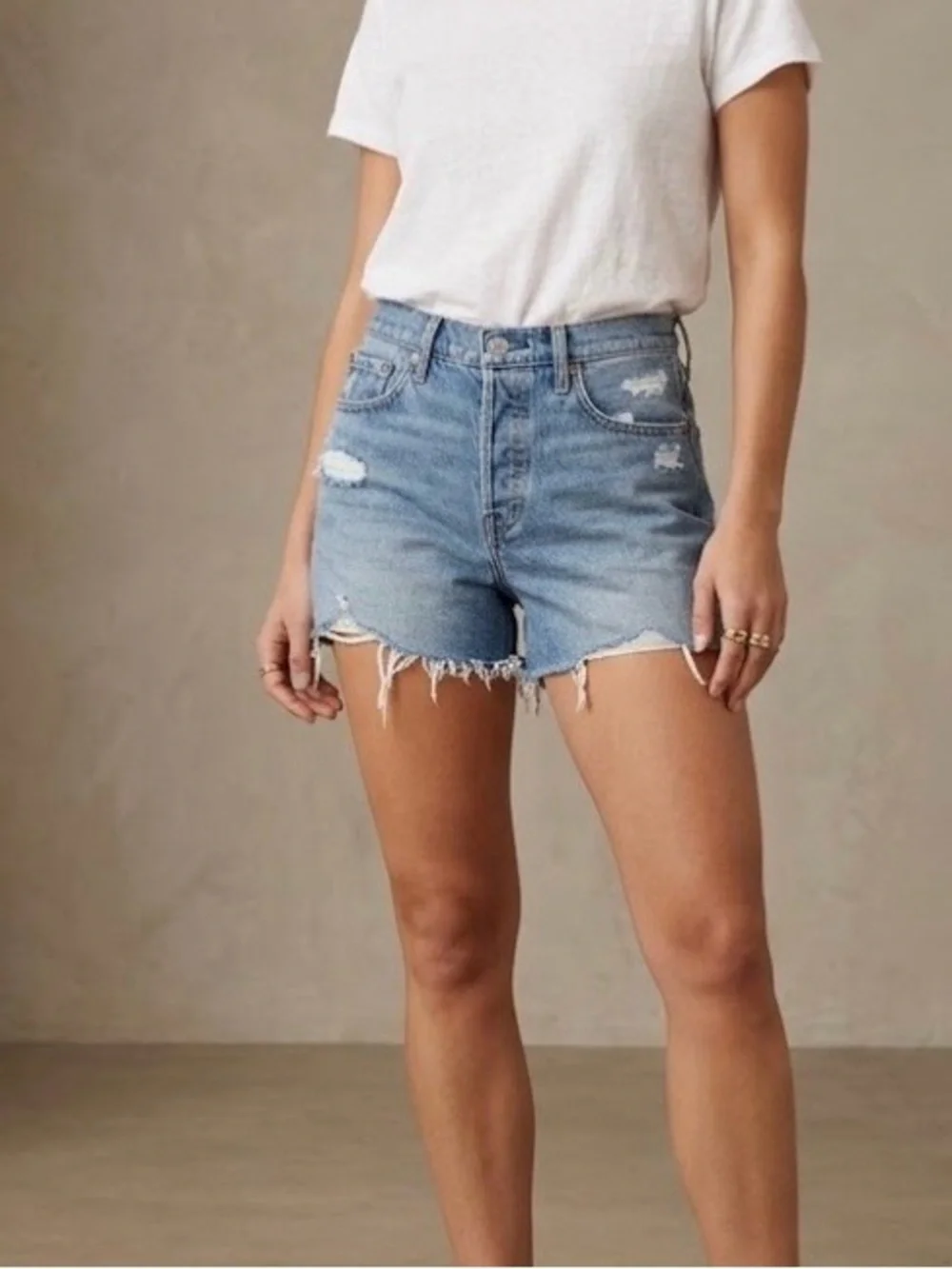 DAZE High-Rise Distressed Denim Shorts - Light Blue